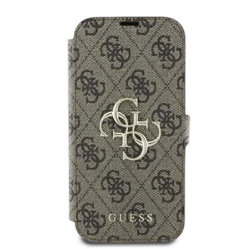 Kovový kryt Guess 4G Logo Book pro iPhone 16 6,1″ – hnědý, se stojánkem