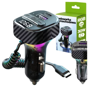 Bluetooth 5.3 FM vysílač s autonabíječkou PD 30W QC3.0, pružinovým kabelem USB-C, podporou USB flash disků, 7barevným LED podsvícením – Alogy CarTune™ černý
