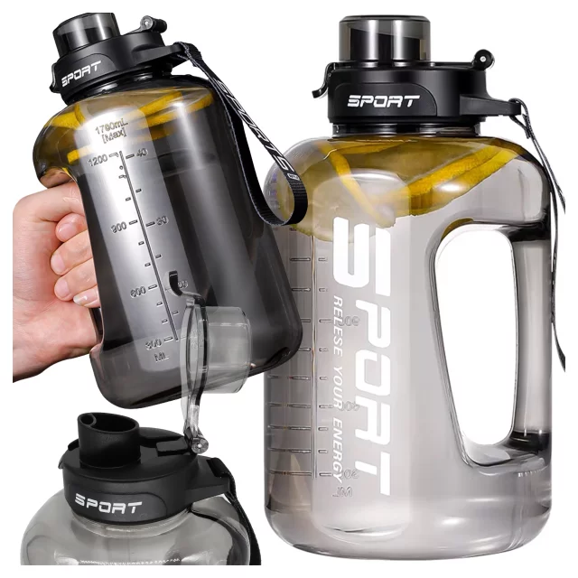 Duża Butelka Motywacyjna na Wodę 1.7L Bidon Sportowy z Miarką, Uchwytem i Pokrywką 2w1 (Dzióbek + Słomka), Wygodna i Szczelna, Alogy Sport 1700ml – Czarna