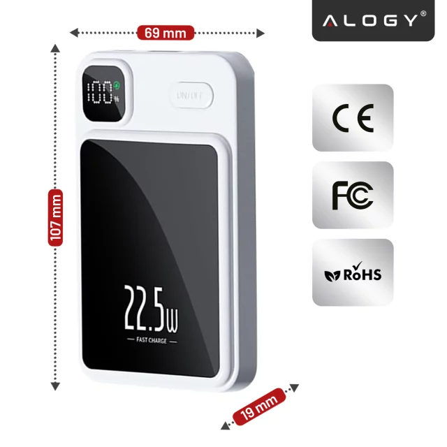PowerBank Alogy MagCharge 22,5 W PD20W PowerDelivery Schnellladung 10000 mAh kabellos für MagSafe White