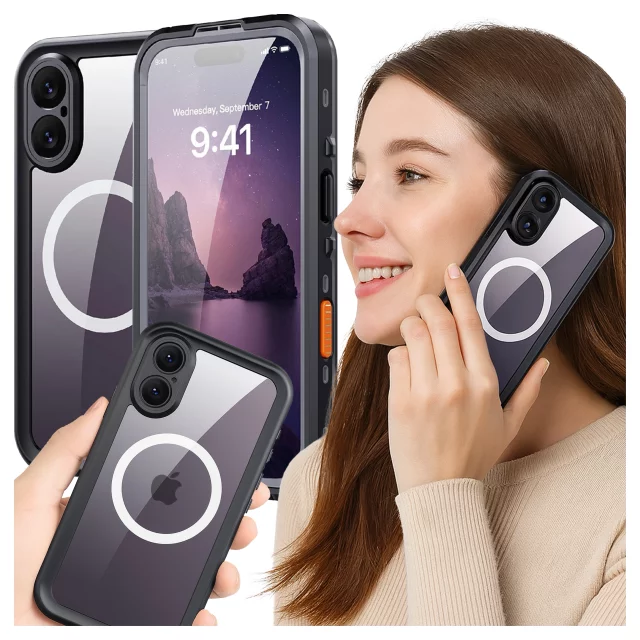 Etui Wodoodporne do Apple iPhone 17 6.3", Pancerna Obudowa 360° z Przezroczystym Tyłem, Kompatybilna z MagSafe, Alogy HydroArmor™ IP68 Case – Czarne