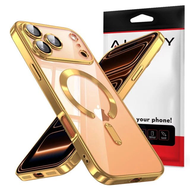 Etui z MagSafe do Apple iPhone 17 Pro – obudowa glamour z ochroną obiektywu, eleganckie i odporne na zarysowania – Alogy LuxuryRing™ Glamour Case Gold