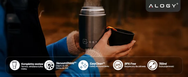 Termos pojemnik obiadowy na jedzenie żywność zupę lód dla dzieci 700ml Alogy ze stali nierdzewnej + składana łyżeczka termiczny szary