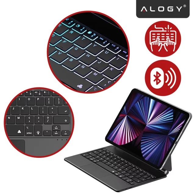 Etui z Klawiaturą do do Apple iPad Pro 11" 2021/2020 iPad Air 10.9" 2022/2020 iPad Air 11" 2024/2025 , Touchpad i Podświetlenie LED, Magnetyczne Mocowanie, Alogy MagnetKeyboard™ Case – Czarne