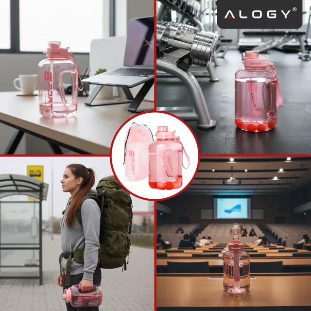 Duża Butelka Motywacyjna na Wodę 1.7L Bidon Sportowy z Miarką, Uchwytem i Pokrywką 2w1 (Dzióbek + Słomka), Wygodna i Szczelna, Alogy Sport 1700ml – Różowa