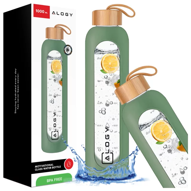 Große Glasflasche, Trinkflasche Alogy Motivational Messbecher 1l 1000ml, Silikonhülle Olive