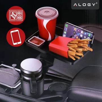 Uchwyt Samochodowy na Kubek i Butelkę Telefon z Obrotowym Stoliczkiem 360°, Mobilny Organizer 2w1, Alogy MultiUse Tray™ – Czarny