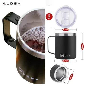 Thermal mug 420 ml with a handle and lid for coffee, tea, steel, cold and hot drinks, Alogy Black