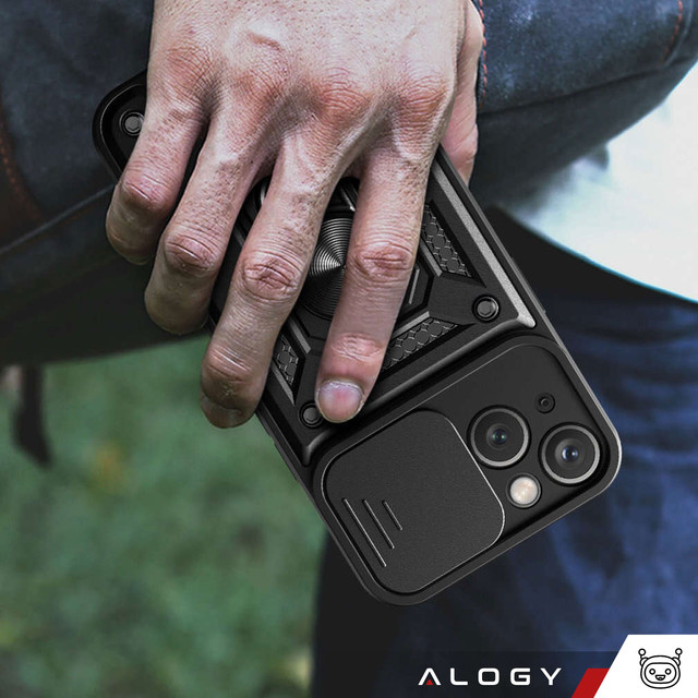 Armored case for iPhone 15 Plus Camshield Case Ring Alogy Stand with slide camera cover, black