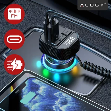 Bluetooth 5.3 FM Transmitter with PD 30W QC3.0 Car Charger, USB-C Spring Cable, Pendrive Support, 7 Color LED Backlight – Alogy CarTune™ Black