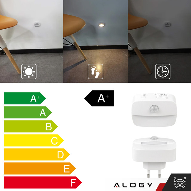 2x LED night lamp with motion sensor for EU socket, 3 light colors Alogy Night Light White