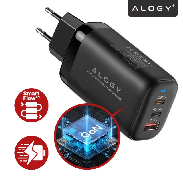 Alogy GaNCharge Compact 3in1 Wall Charger Fast Charging GaN3 65W USB-A 30W 2x USB-C 65W Black