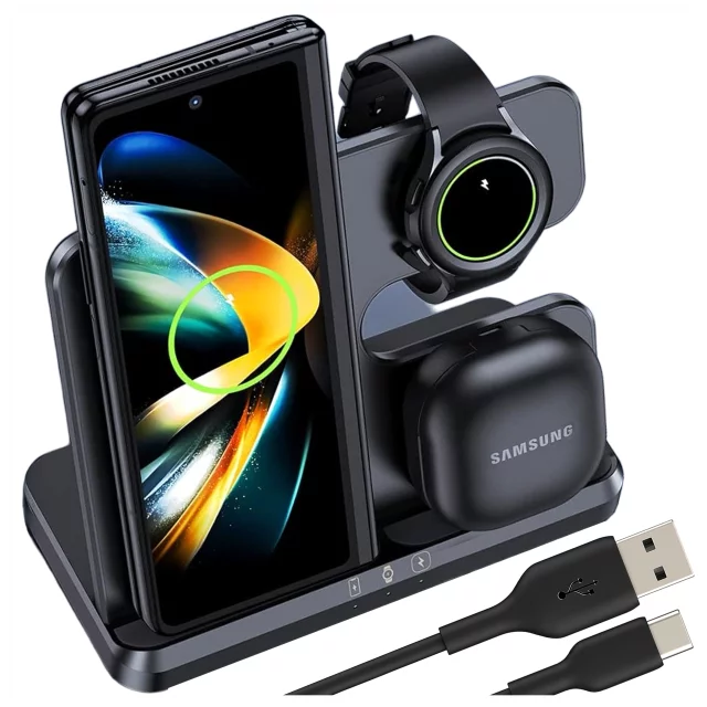Bezdrátová indukční nabíječka 3v1 Qi 3.0 Fast pro Samsung S22 S23 S24 Galaxy Watch Buds Station černá