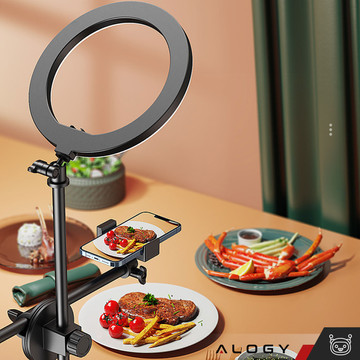 Ring LED ring lamp 10" 2x phone holder standing tripod on desk with adjustable frame Alogy Black