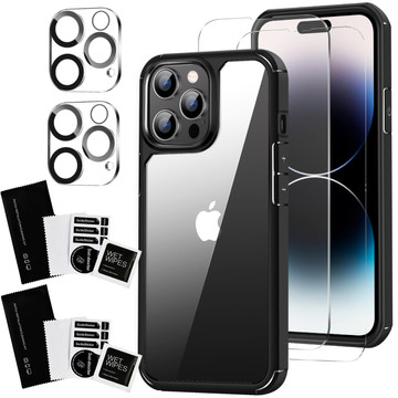 Hülle für iPhone 14 Pro Max 4er Set Brille 5in1 gepanzert 360 Alogy Hybrid 2x Bildschirmglas 2x Linse schwarz-transparent