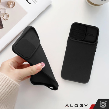 Case for iPhone 15 Plus Slide Case with Lens Protector Camera Housing Matte Black Alogy Soft Matt Glass