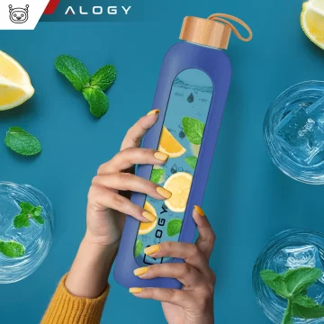 Große Glasflasche, Trinkflasche Alogy Motivational Messbecher 1l 1000ml, Silikonhülle Blau