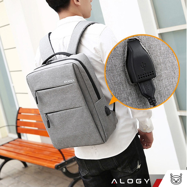 Backpack laptop bag 15.6" large waterproof with USB port Unisex 44x34x13cm for plane Alogy Backpack Gray
