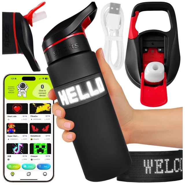 Chytrá láhev na pití Alogy FitBottle™ 800ml s LED displejem a Bluetooth připojením, brčko, motivační, opakovaně použitelná - černá