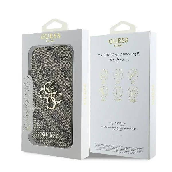 Guess 4G Metal Logo Book Case do iPhone 16 6,1″ – brązowe, z funkcją podstawki