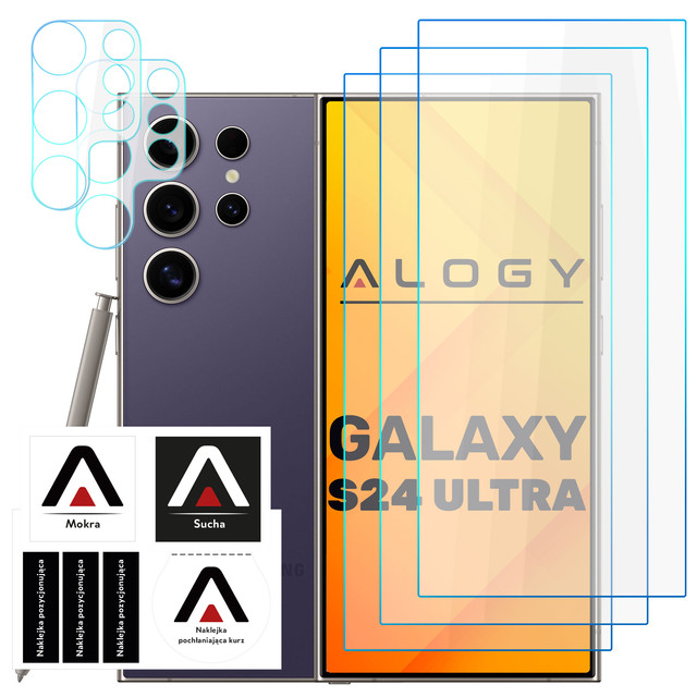 Tvrzené sklo pro Samsung Galaxy S24 Ultra 3x ochranná fólie na displej 2x čočka objektivu fotoaparátu Pro 9H Alogy Glass Set