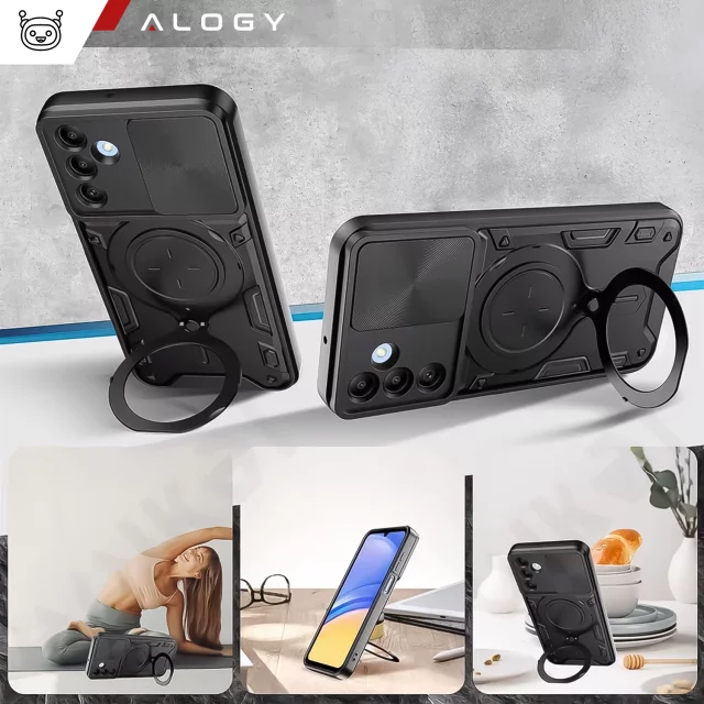 Schutzhülle für Samsung Galaxy S25 Plus, gepanzerte Slide-Hülle mit Ringkameraschutz, Alogy CamGuard Pro, schwarz