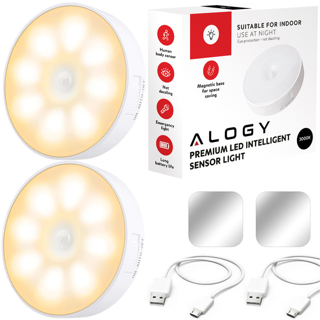2x Lampe LED Bewegungsmelder Dämmerung Nachtlampe Alogy Sensor Light Kabellose Möbelbeleuchtung Warmes Licht 3000k