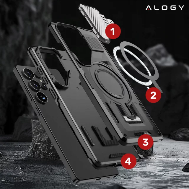 Samsung Galaxy S25 Ultra Case for MagSafe Reinforced Armored Lens Protection with Stand Function Protective Phone Case Alogy HeavyDuty Mag™️Black