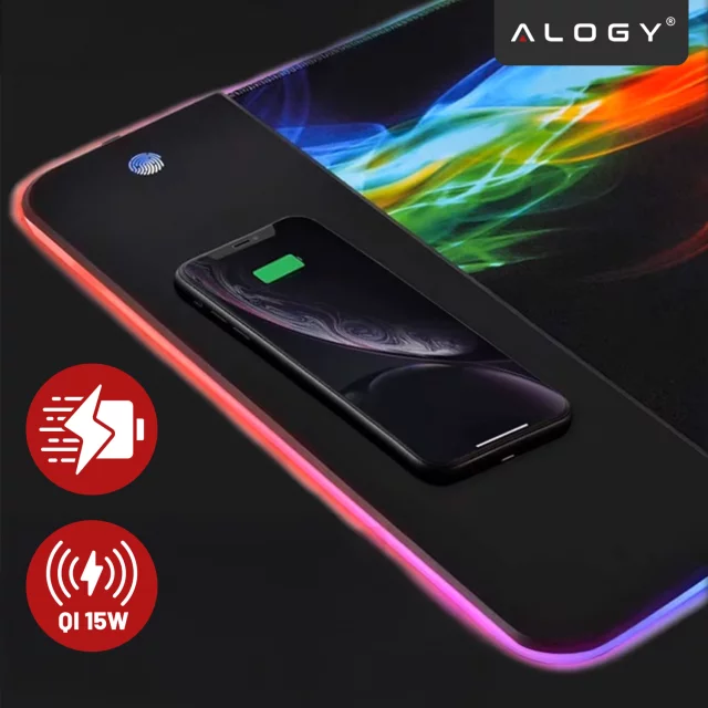 Podkładka na biurko z oświetleniem LED RGB pod myszkę mysz klawiaturę z ładowarką Qi do telefonu Alogy QiGlow Pro Mata ochronna antypoślizgowa gamingowa XL 80x30 cm Czarna