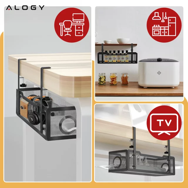 Organizer kabli pod blat półka na kable listwe przewody blat biurko biurkowy metalowy Alogy 34cm Czarny