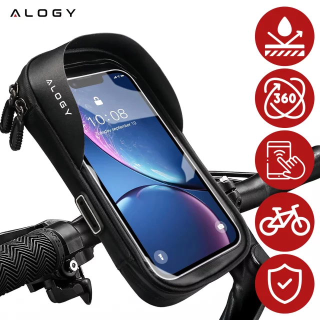 Tasche Wasserdichte Fahrradtasche für Telefon 6,4 Zoll Lenkerhalter 0,5 l Alogy Schwarz