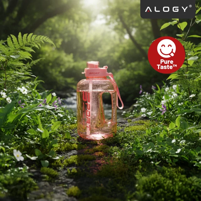 Duża Butelka Motywacyjna na Wodę 1.7L Bidon Sportowy z Miarką, Uchwytem i Pokrywką 2w1 (Dzióbek + Słomka), Wygodna i Szczelna, Alogy Sport 1700ml – Różowa