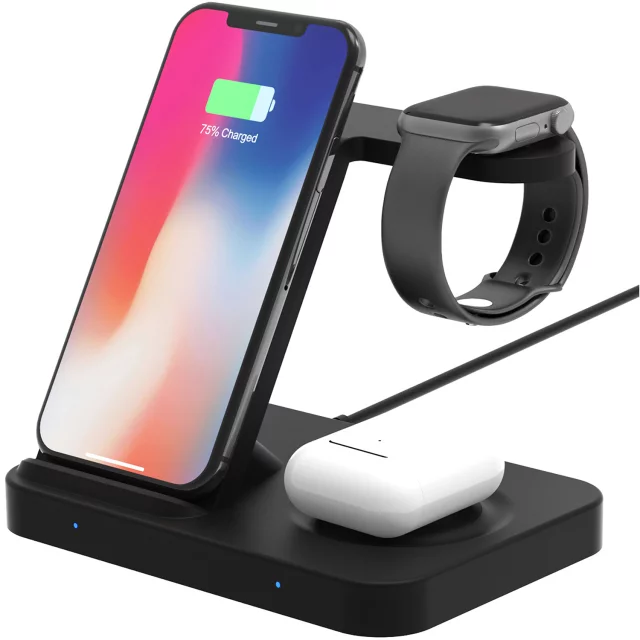 Qi 15W inductive charger for iPhone Apple Watch AirPods wireless 3in1 Docking station Black