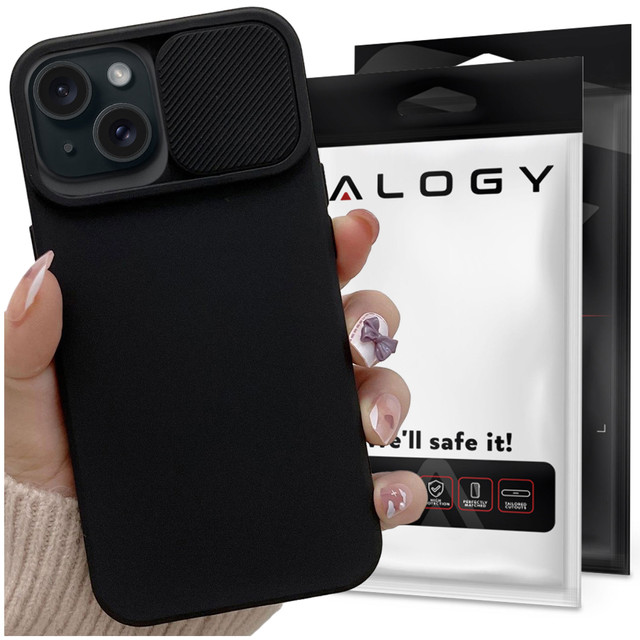 Case for iPhone 15 Plus Slide Case with lens cover, camera housing, matte black Alogy Soft Matt