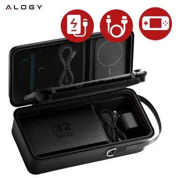 Nintendo Switch 2 2025 Schutzhülle, große Hartschalen-EVA-Hülle, wasserdicht, leicht, mit Tragegriffen, Alogy HardFoamBag™ - Schwarz, 2x gehärtetes Glas