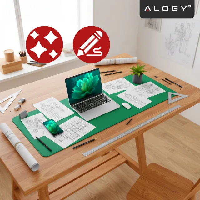 Podkładka na biurko 100×50 cm – antypoślizgowa mata ochronna z eleganckiej ekoskóry PU, pod mysz i klawiaturę, stylowa i trwała – Alogy WorkMat™ Zielona