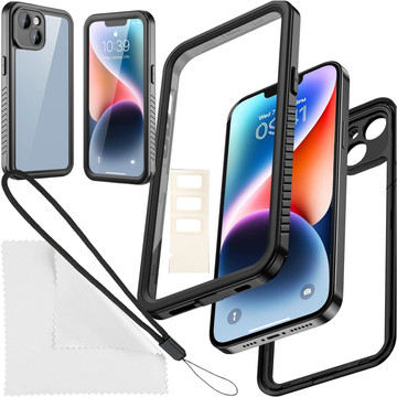 Hülle für iPhone 14, wasserdicht, gepanzert, 360-Grad-Hülle, Hybrid-Kameraobjektivschutz, IP68, wasserdicht, Schwarz