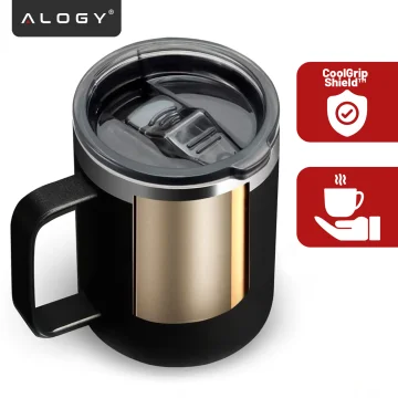 Thermal mug 420 ml with a handle and lid for coffee, tea, steel, cold and hot drinks, Alogy Black