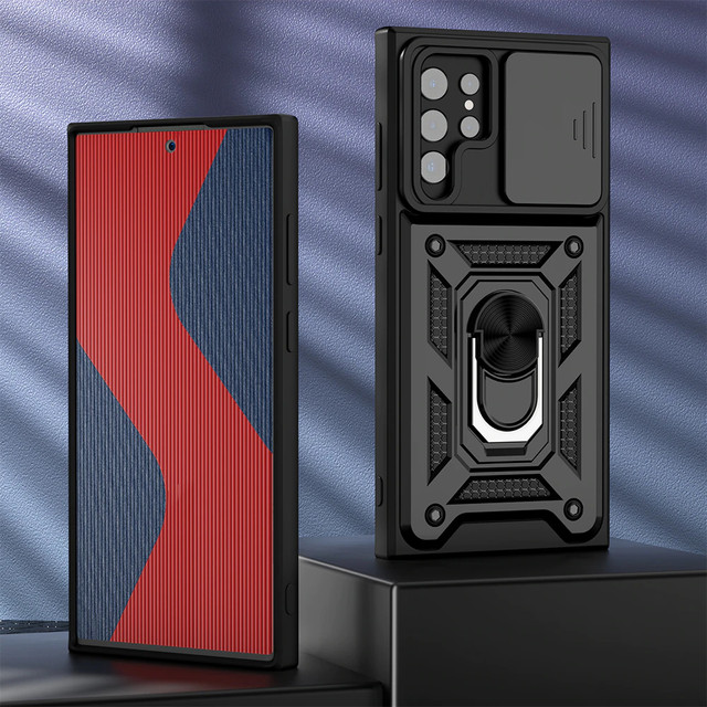 Gepanzerte Hülle mit Kameraabdeckung Alogy Camshield Stand Ring für Samsung Galaxy S22 Ultra schwarz