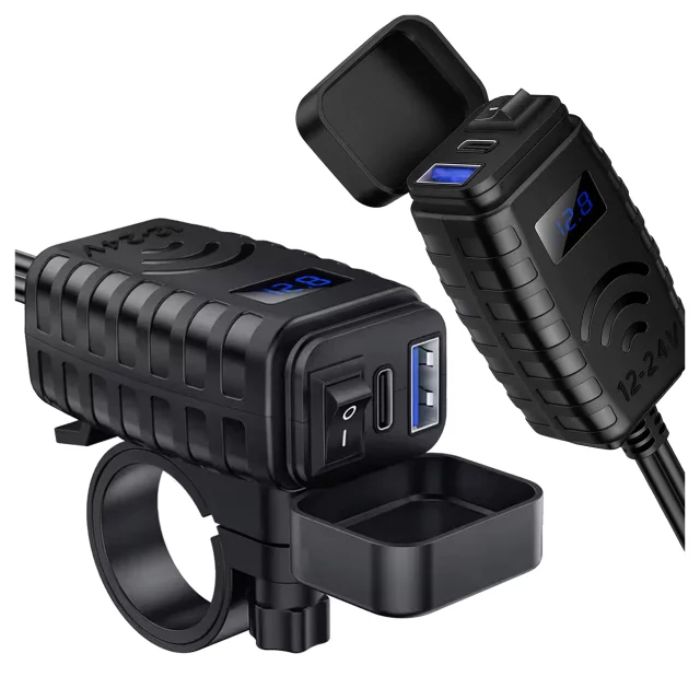 Alogy MotoCharge Pro™ Motorradladegerät mit Display, 36 W PD QC 3.0 Schnellladung, USB-A- und USB-C-Anschlüsse, wasserdicht und robust, Schwarz