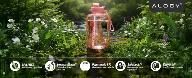Duża Butelka Motywacyjna na Wodę 1.7L Bidon Sportowy z Miarką, Uchwytem i Pokrywką 2w1 (Dzióbek + Słomka), Wygodna i Szczelna, Alogy Sport 1700ml – Różowa