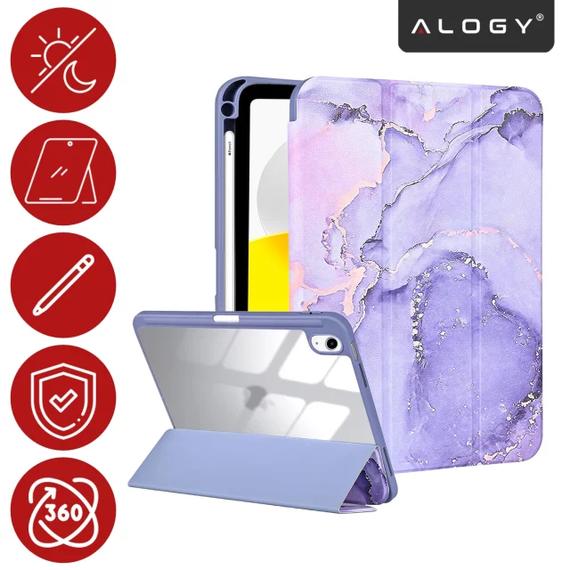 Etui Ochronne do Apple iPad 10.9" 10 Gen 2022 / iPad 11" A16 11 Gen 2025 Hybrydowe z Miejscem na Rysik, Składana Okładka z Funkcją Podstawki 2w1, Alogy HybridBook™ Case – Marble Purple