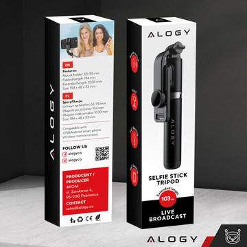 Alogy Selfie Stick Držák na telefon Foto stativ Stativ 103 cm Bluetooth dálkové ovládání černý