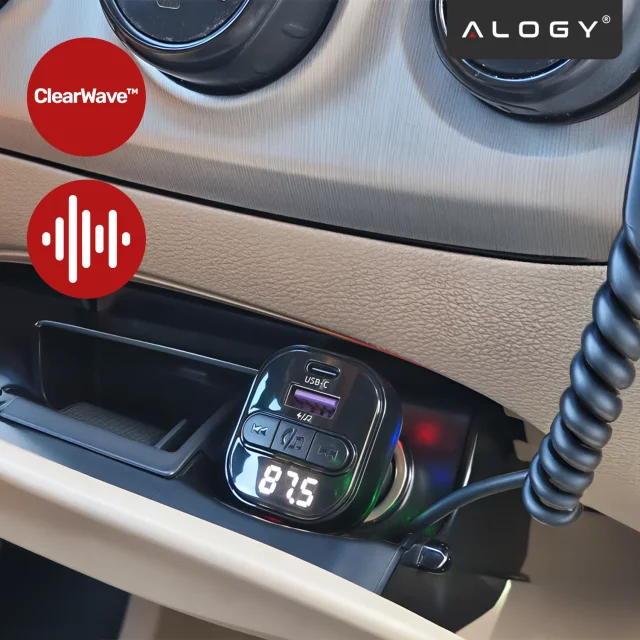 Bluetooth 5.3 FM vysílač s autonabíječkou PD 30W QC3.0, pružinovým kabelem USB-C, podporou USB flash disků, 7barevným LED podsvícením – Alogy CarTune™ černý