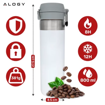 Termohrnek Alogy Thermos ThermoGo™ 800ml, ocelový, nepropustný, sbalitelný, cestovní, na kávu a čaj, sportovní, dlouhotrvající teplo, do auta a batohu, bílý