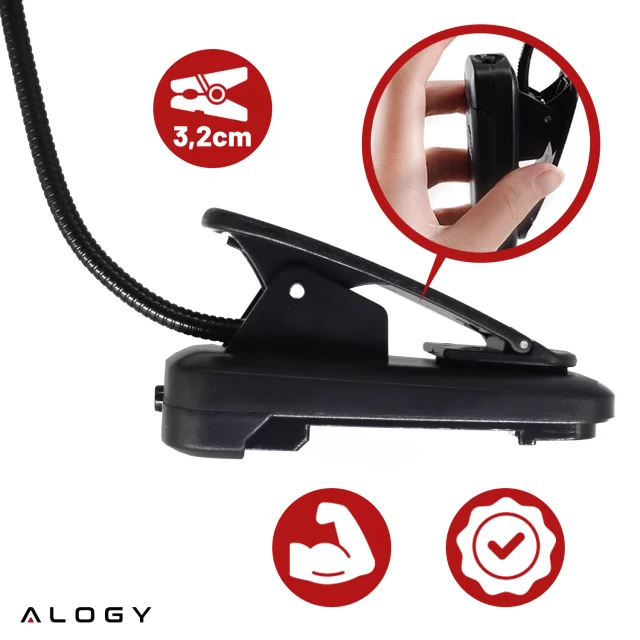 Alogy LED Clip Desk Lamp Cordless Rechargeable Reading Black