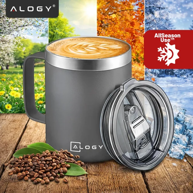 Thermobecher 420 ml mit Henkel und Deckel für Kaffee, Tee, Stahl, Kalt- und Heißgetränke Alogy Grey