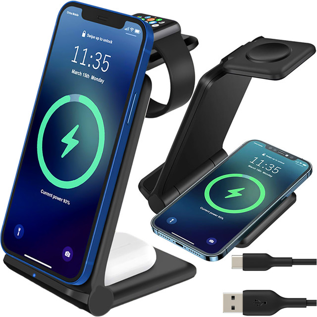 Ładowarka Bezprzewodowa Indukcyjna 3w1 Qi 15W do iPhone, Apple Watch, AirPods stacja ładowania stojak Alogy czarna
