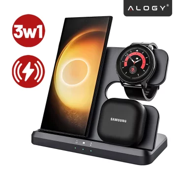 Ładowarka Bezprzewodowa Indukcyjna 3w1 Qi 3.0 Szybka do Samsung S22 S23 S24 S25 Galaxy Watch Buds Stacja czarna