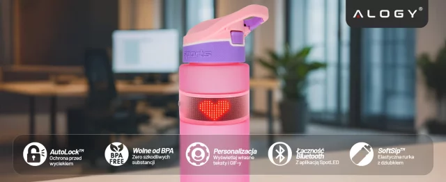 Butelka Bidon na Napoje LED, Inteligentna z Wyświetlaczem i Łącznością Bluetooth, Słomka, Motywacyjna, Wielokrotnego Użytku, Alogy FitBottle™ 800ml - Różowa
